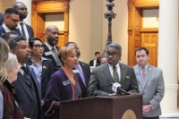 Georgia state Senator Sonya Halpern speaks during the Feb. 9, 2023, press conference. Southern Education Foundation President and CEO Raymond C. Pierce, who later spoke at the event, stands at her immediate right.