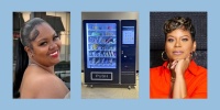 Rahya Kelley, a rising senior at Olivet College, a Beauty Genie vending machine, and the company's CEO, Ebony Karim. Courtesy Rahya Kelley; Beauty Genie