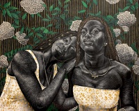 LaToya M. Hobbs. Erin and Anyah with Hydrangeas, 2023. Acrylic and collage on carved wood panel; 48 x 60 in. Courtesy of the artist. Photo: Ariston Jacks